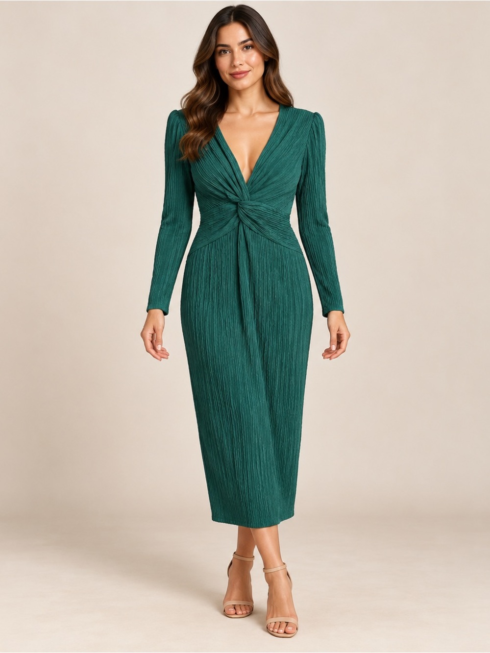 Emerald Green Twist Front Textured Long Sleeve Midi Dress Size L